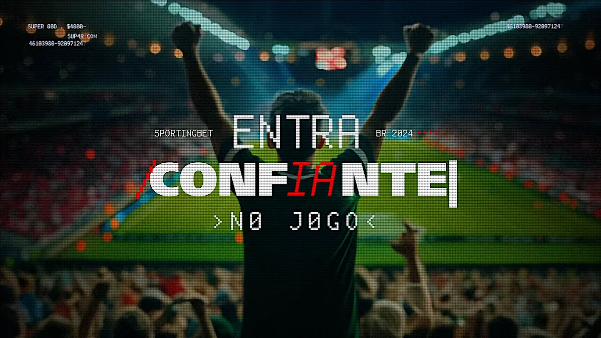 Soccer fan raising arms in excitement at a sports event with "Entra Confinate no Jogo" text overlay and blurred stadium background.