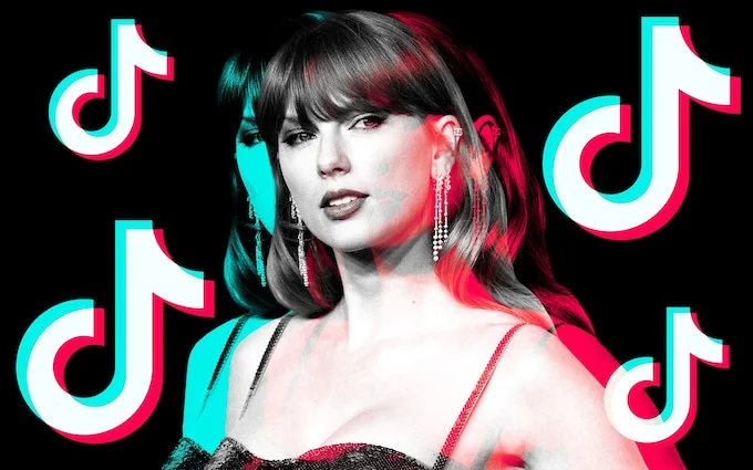 Pop singer with red and cyan color shift effect surrounded by TikTok logos.