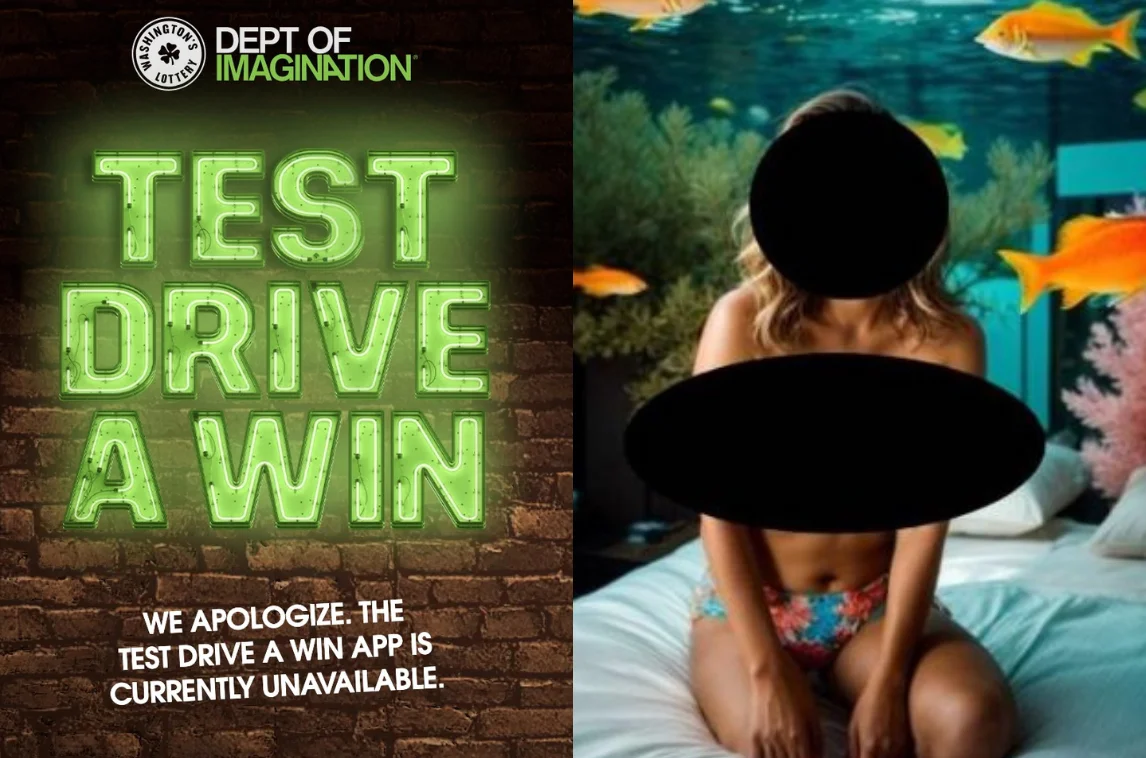 Split image featuring neon sign of 'Test Drive a Win' promotion by Washington's Department of Imagination and a blurred image of a person in a fish tank room setting.