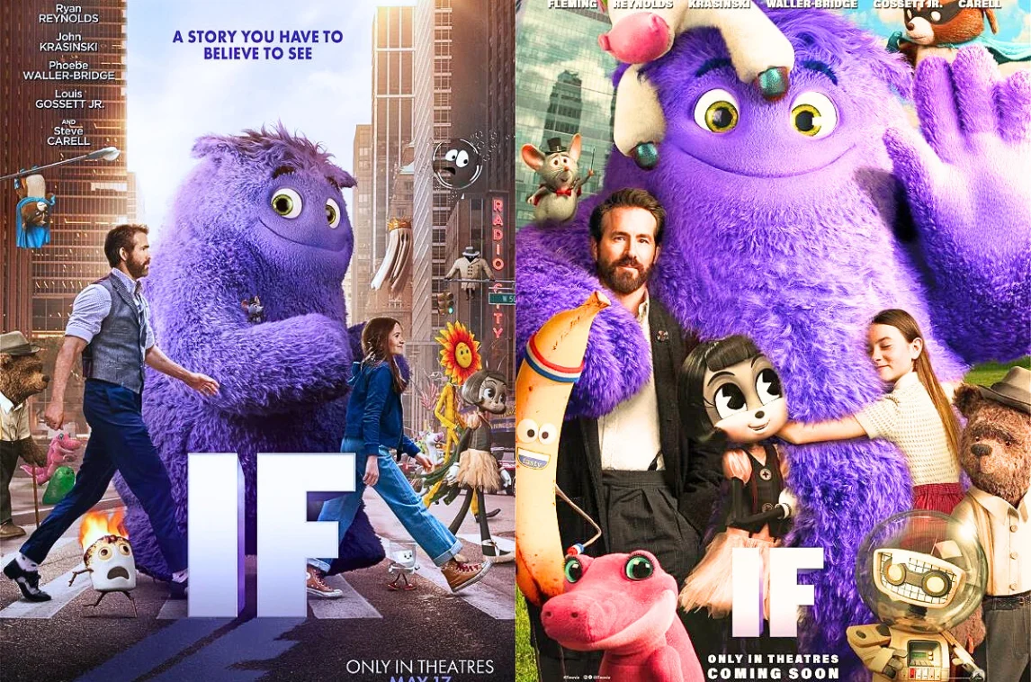 Movie poster featuring a large purple animated monster with various cartoon characters and a human cast in a bustling city setting, promoting an upcoming film titled "IF" only in theaters.