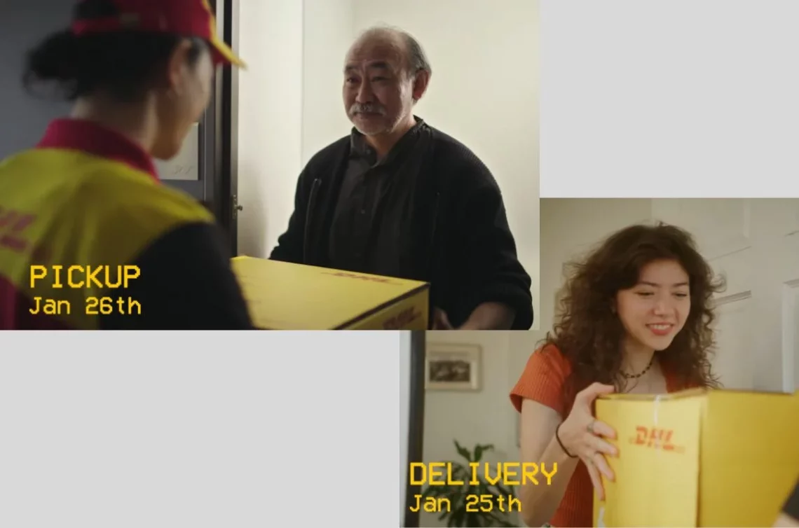 Courier in yellow uniform picking up a package on January 26th and a young woman receiving a delivery on January 25th with DHL-branded boxes.