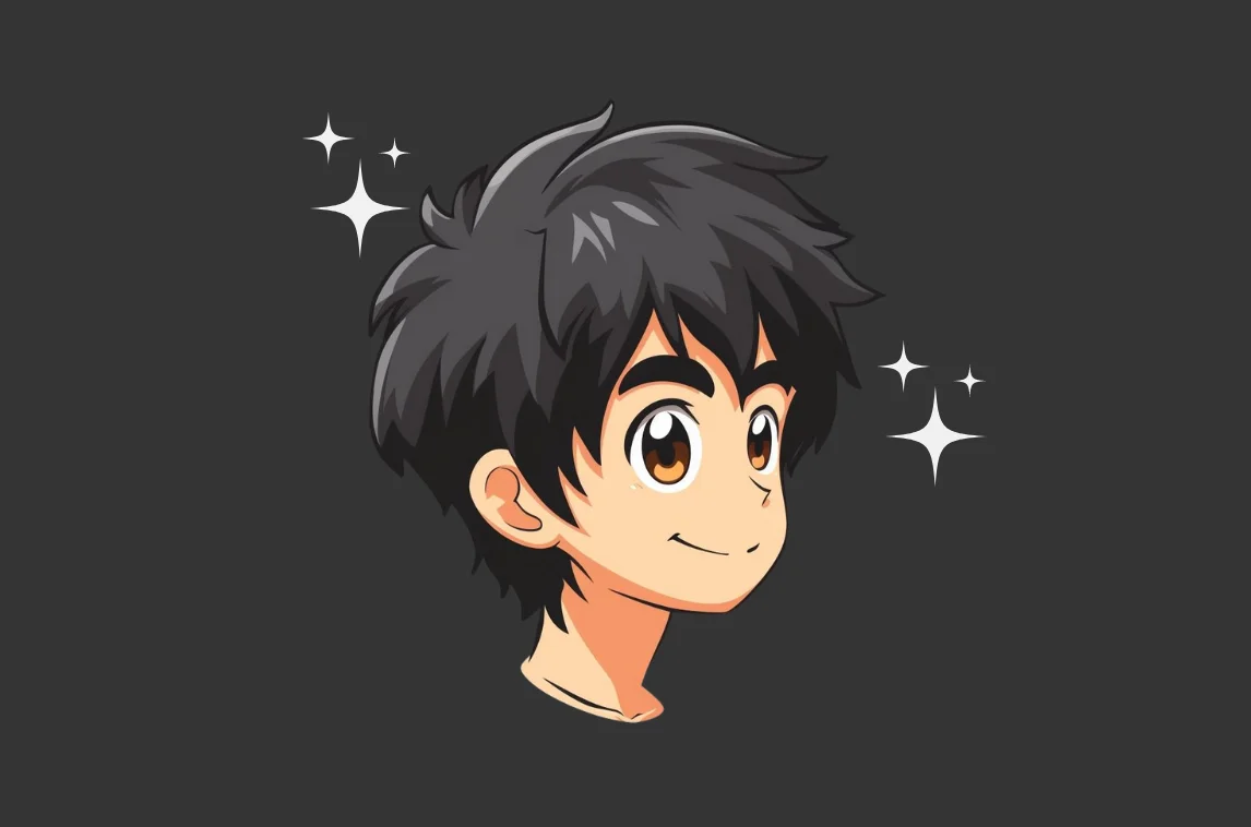 Animated male character with sparkling eyes and messy black hair on a dark background.