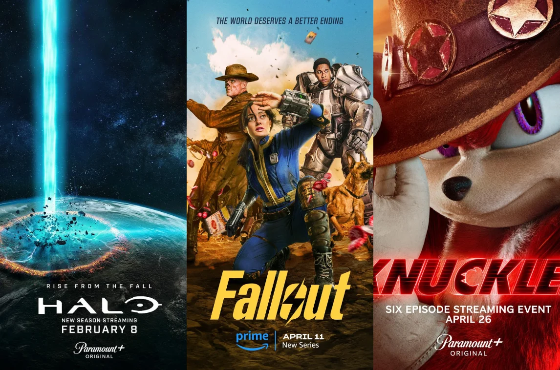 Promotional collage for upcoming streaming series with Halo, Fallout, and Knuckles posters showcasing release dates on Paramount+ and Amazon Prime.