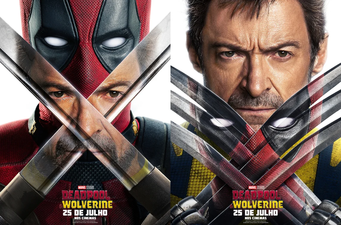 Deadpool and Wolverine movie poster showing split faces of the characters with release date and Marvel Studios logo