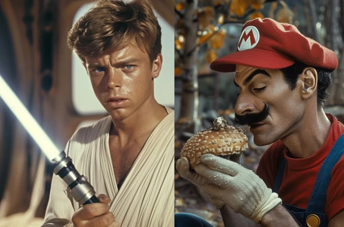 Split-screen image showing a young male space opera character wielding a blue lightsaber and a male video game character dressed as a plumber inspecting a mushroom.