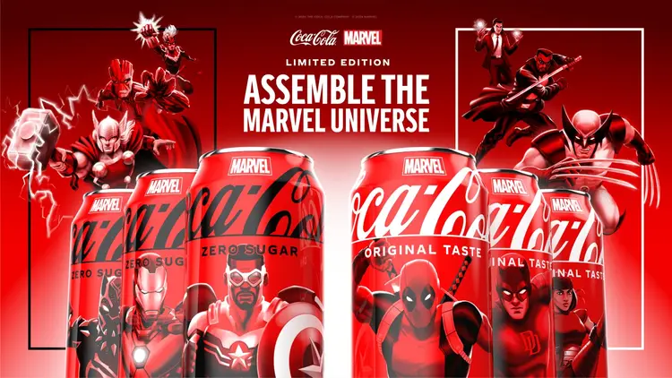 Limited edition Coca-Cola Marvel cans with superhero designs featuring Thor, Iron Man, Falcon, and Deadpool for the "Assemble the Marvel Universe" campaign.