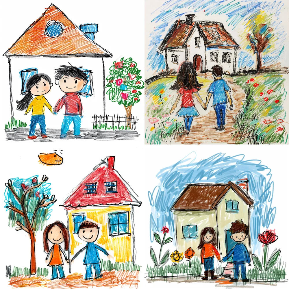--sref Childlike drawings of smiling kids holding hands in various settings with houses and nature.