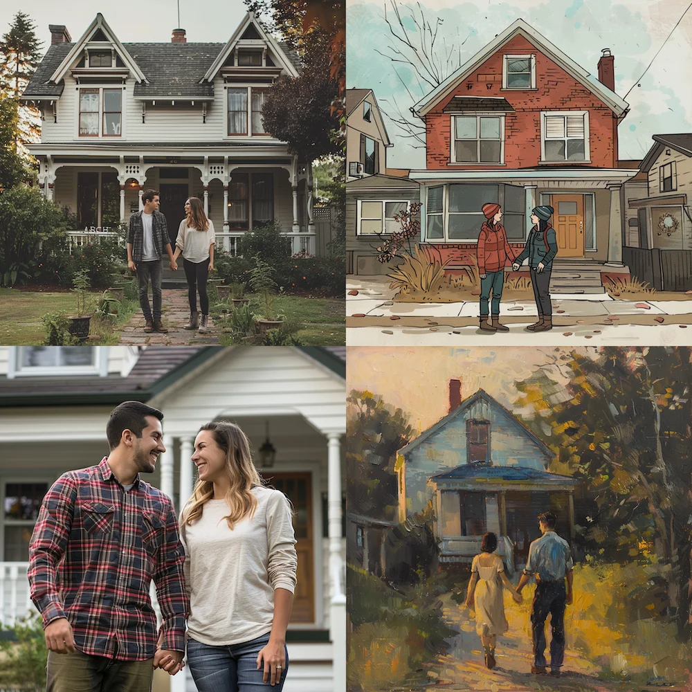 Collage of four seasons at different homes with couples in various artwork styles.