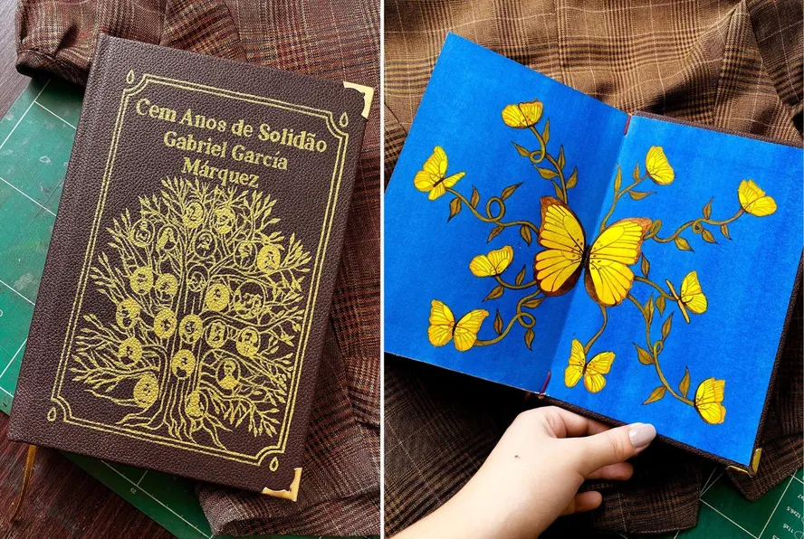 Custom handcrafted book cover for Gabriel Garcia Marquez's 'One Hundred Years of Solitude' with golden tree design and matching internally illustrated pages featuring a large yellow butterfly.