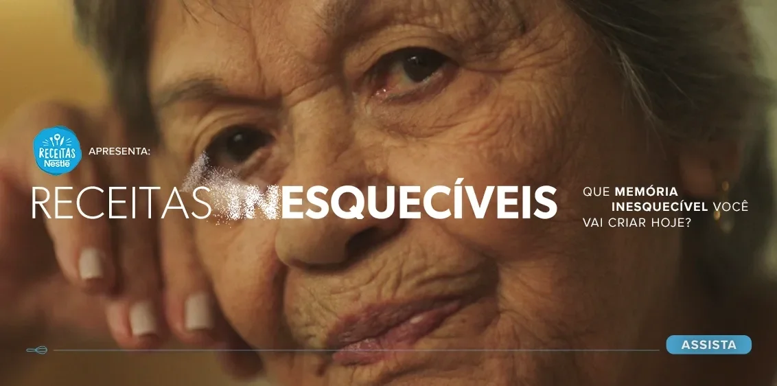 Receitas Inesquecíveis. Close-up of an elderly woman with contemplative expression alongside text for Nestle Recipes campaign 'Unforgettable Recipes' asking which unforgettable memory you will create today.