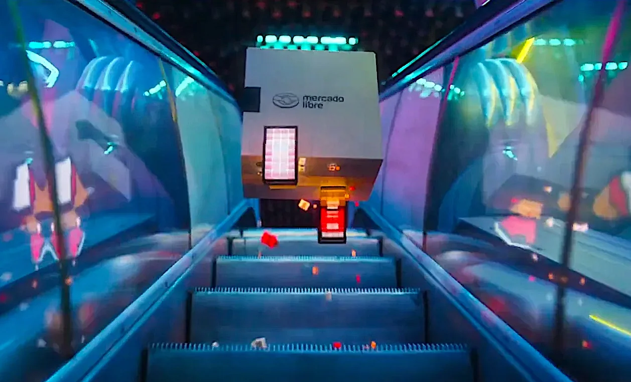 Mercado Livre 25 anos: 'Little Boxes'  ATM situated at the top of an escalator with vibrant lighting and modern surroundings