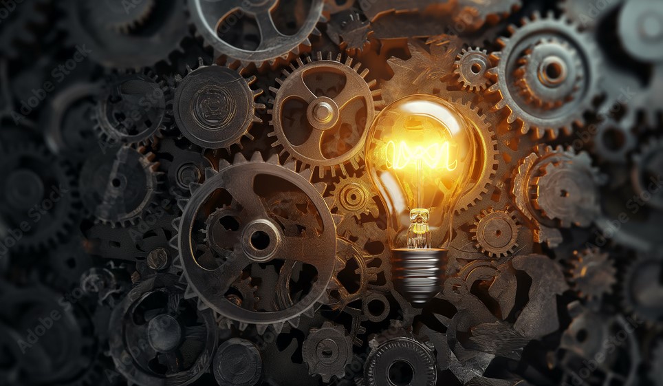 Illuminated light bulb surrounded by dark metal gears and cogs concept for innovation, ideas, and inspiration.