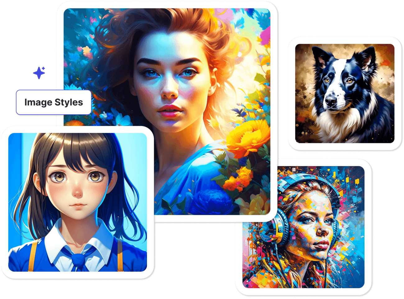 Collage of digital art styles featuring a woman surrounded by flowers, anime-style girl character, border collie dog, and woman with colorful headphones.