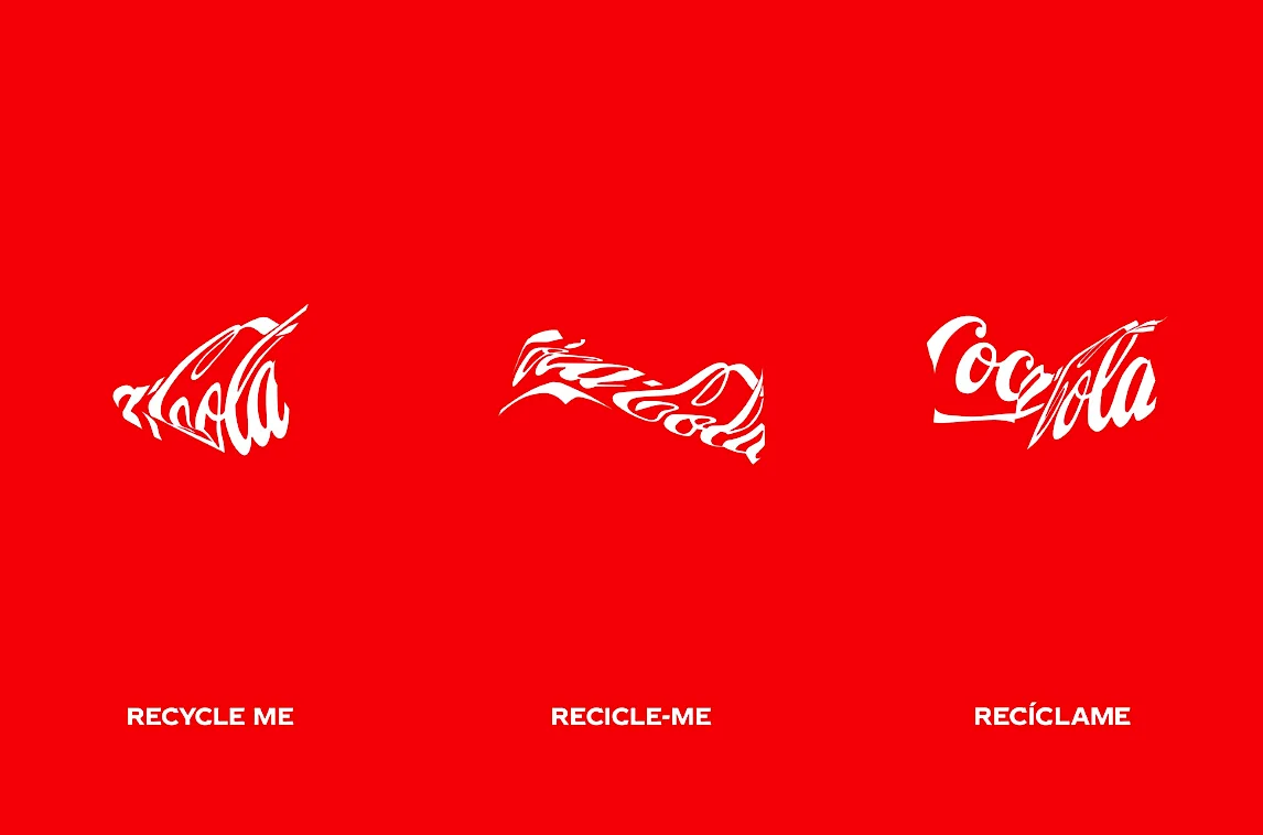 Coca-Cola logo variations with recycling messages in English and Portuguese on a red background.