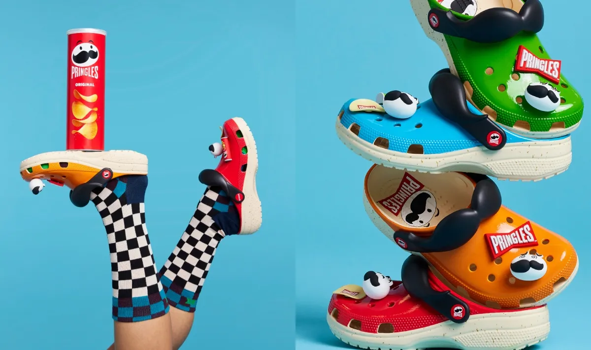Pringles-themed footwear collection featuring colorful sandals with snack brand's iconic mascot and checkerboard socks against a blue background