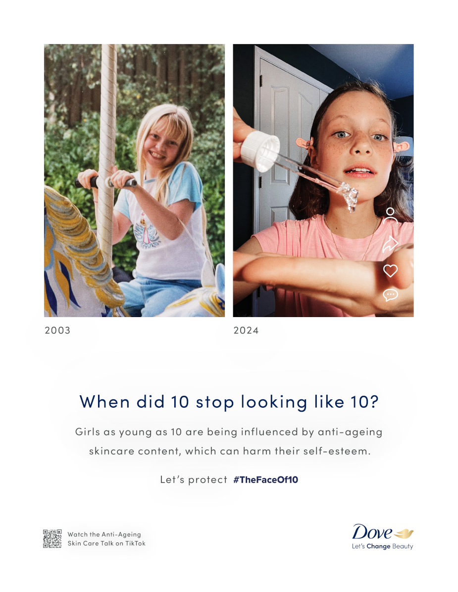 Child on a carousel in 2003 and child applying skincare in 2024 with text about the influence of anti-ageing content on young girls' self-esteem - Dove's #TheFaceOf10 campaign.
