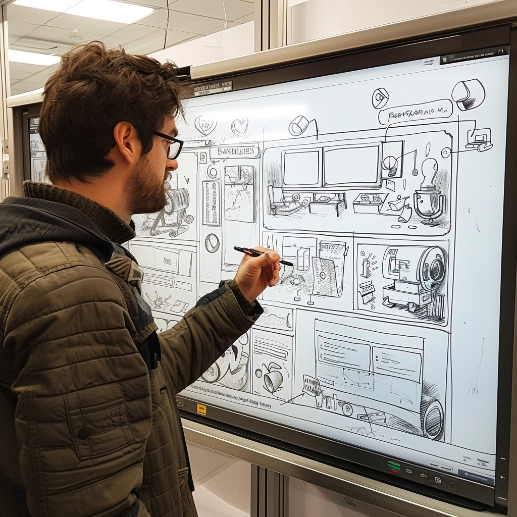 Graphic designer sketching storyboard panels on a digital whiteboard in a creative studio setting. Storyboards com IA