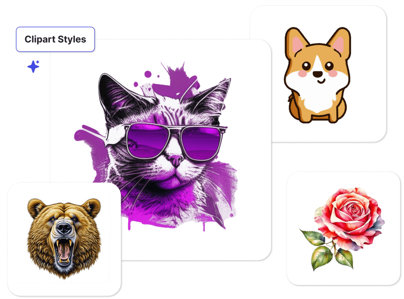 Collection of various clipart styles featuring a cool purple cat with sunglasses, a cute cartoon corgi, a detailed illustration of a roaring bear, and a realistic pink rose.