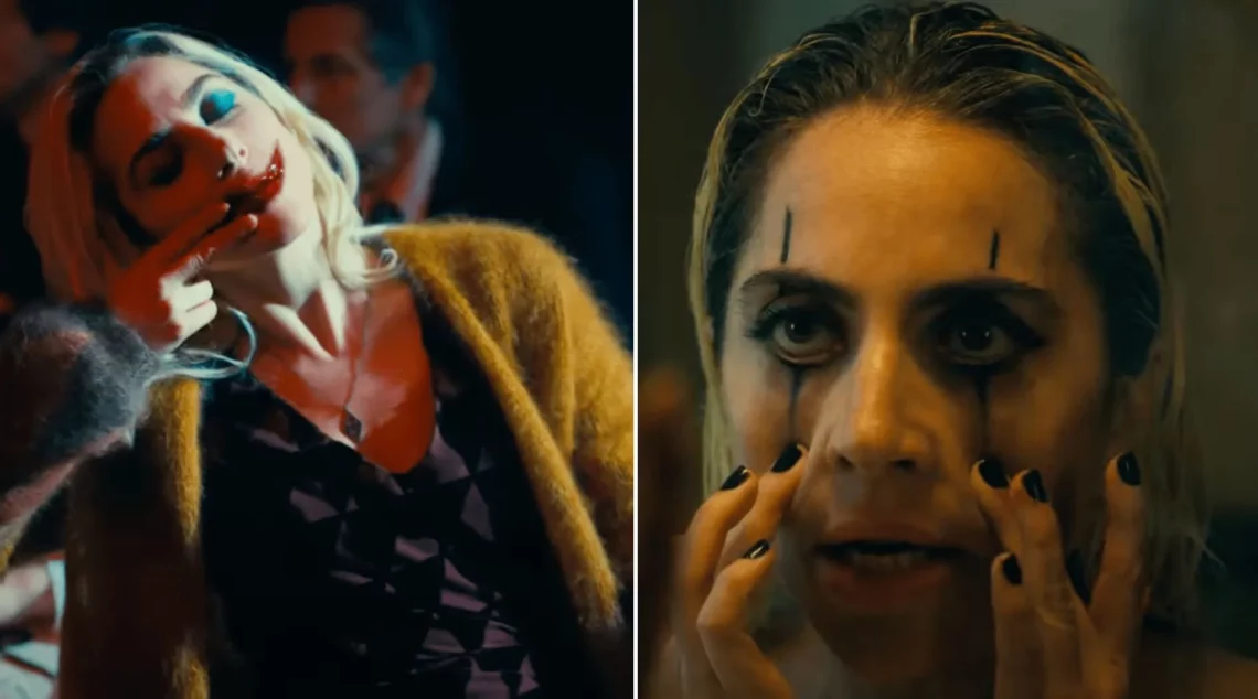 Coringa: Delírio a Dois. Split-screen of a woman with expressive makeup in two scenes, one showing her with a bloody nose wearing a fur coat, and the other looking distressed with smeared eye makeup.
