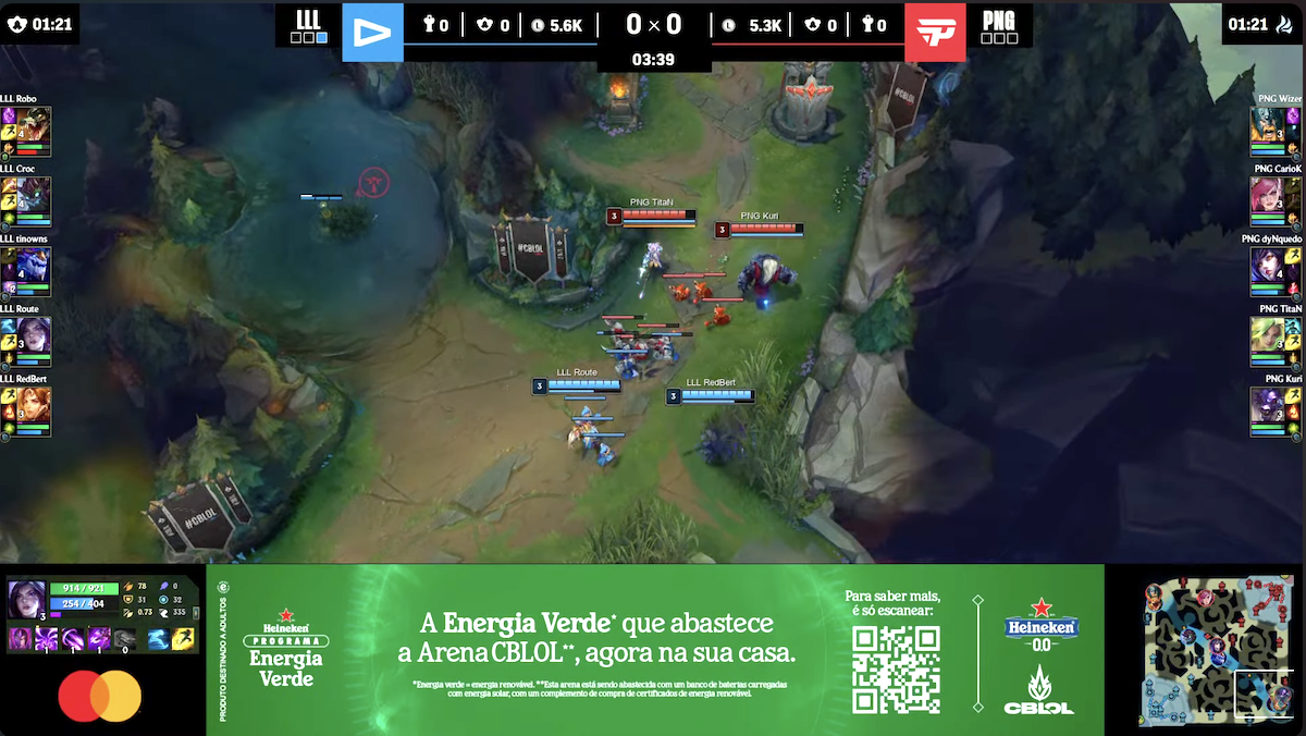 League of Legends esports match screenshot with two teams engaging in bottom lane strategy during CBLoL tournament.