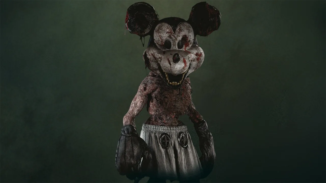 Infestation 88. Creepy anthropomorphic mouse character costume with damaged ears and eerie smile against a dark background.