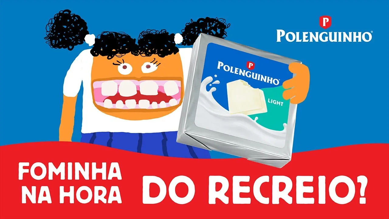 Illustration of a hungry cartoon character holding Polenguinho Light cheese with text "Fominha na hora do recreio?" on a red and blue background.
