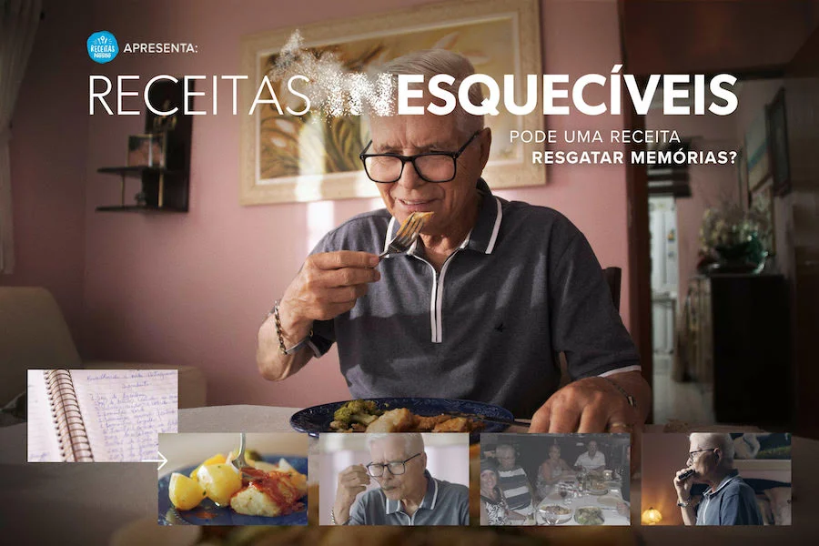 Elderly man enjoying a meal from "Receitas Inesquecíveis" campaign pondering if a recipe can revive memories, surrounded by images of cooking and family dining.
