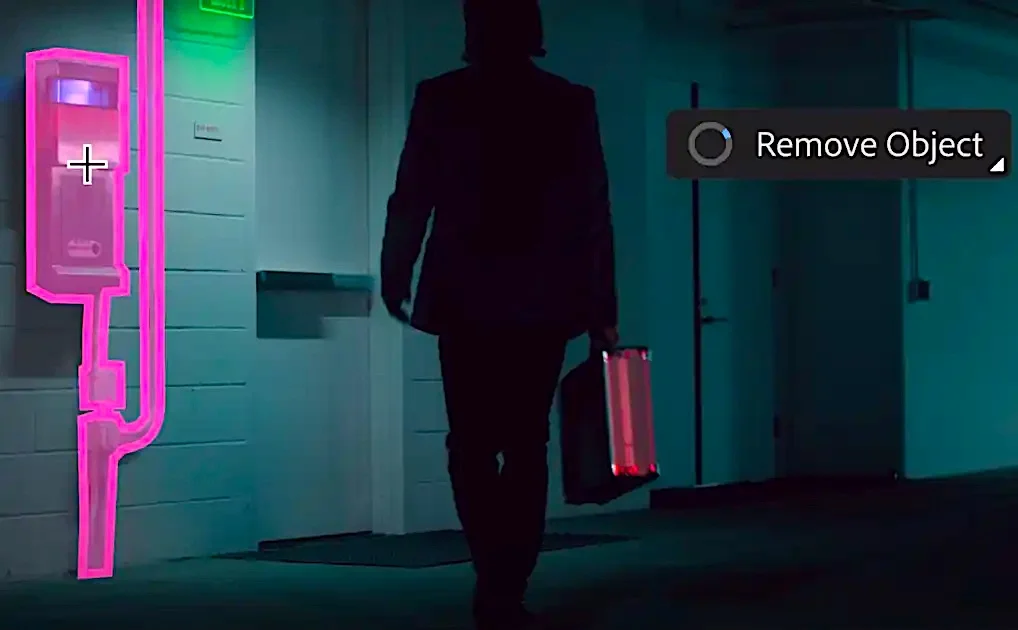 Person walking in a corridor with neon pink lighting and carrying a glowing briefcase. Adobe Premiere Pro AI