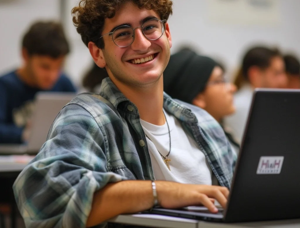 Happy student with glasses using a laptop in a classroom setting.
