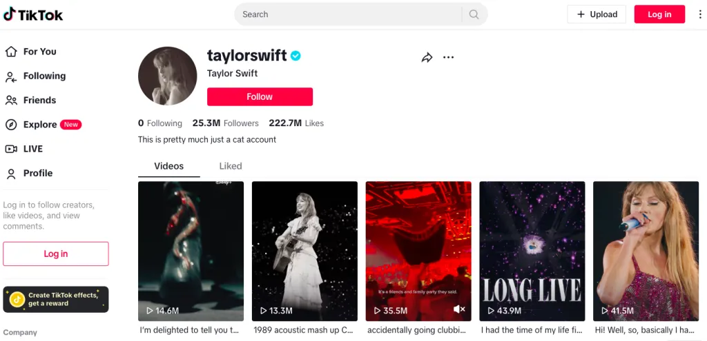 Taylor Swift no TikTok. Taylor Swift's official TikTok profile page with 25.3M followers and snippets of popular videos displayed.