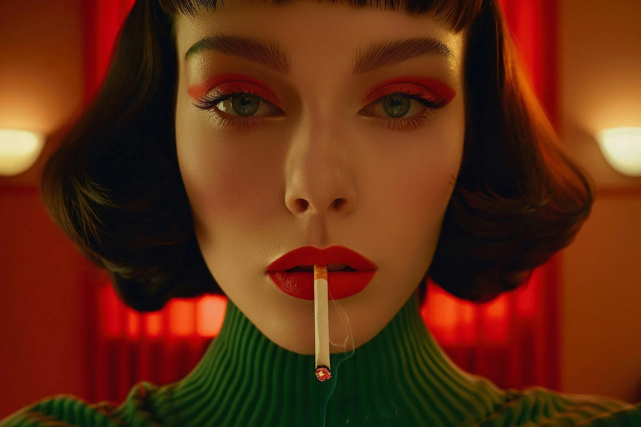 Woman with vintage makeup in red lighting holding a lit cigarette