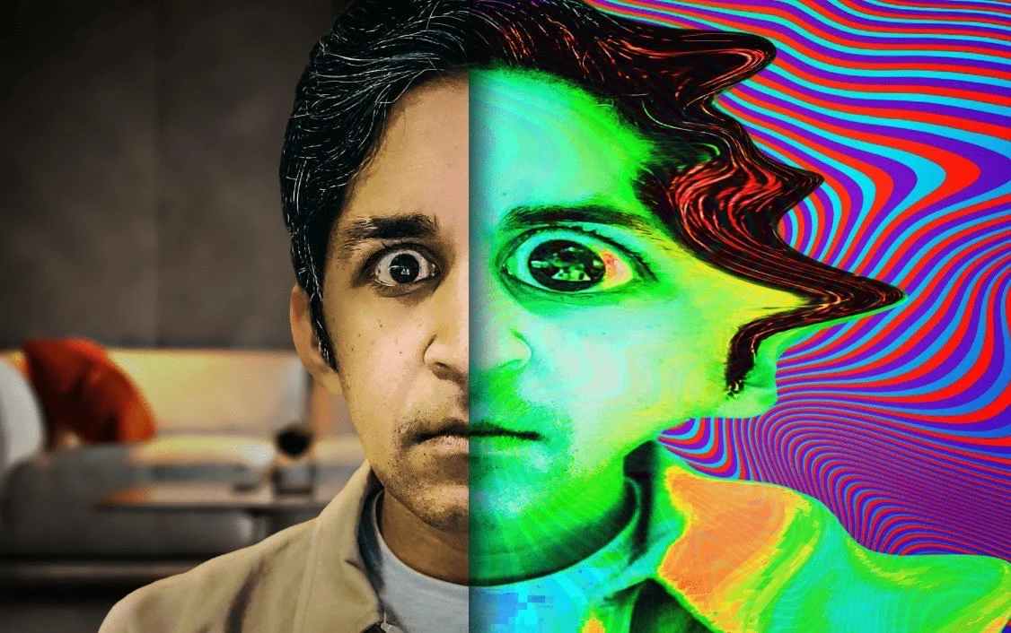 Split-face portrait showing one side as a normal headshot and the other altered with vibrant psychedelic colors and patterns.