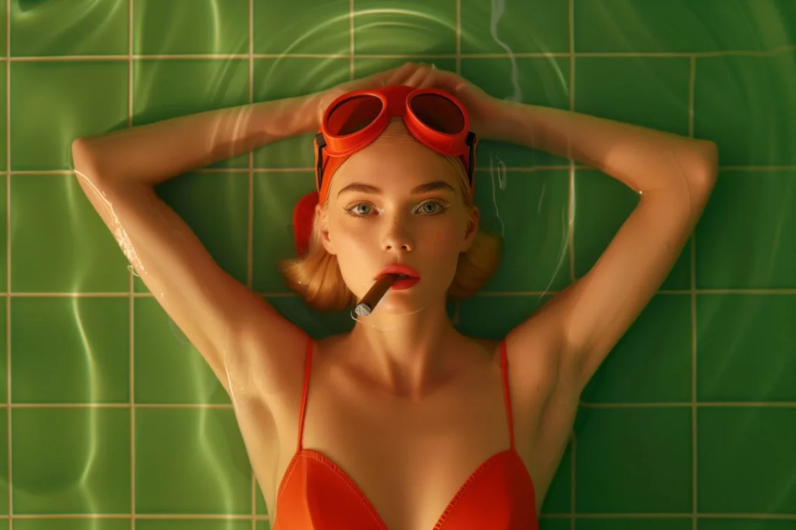 Woman in red swimsuit with goggles resting in pool with green tiles