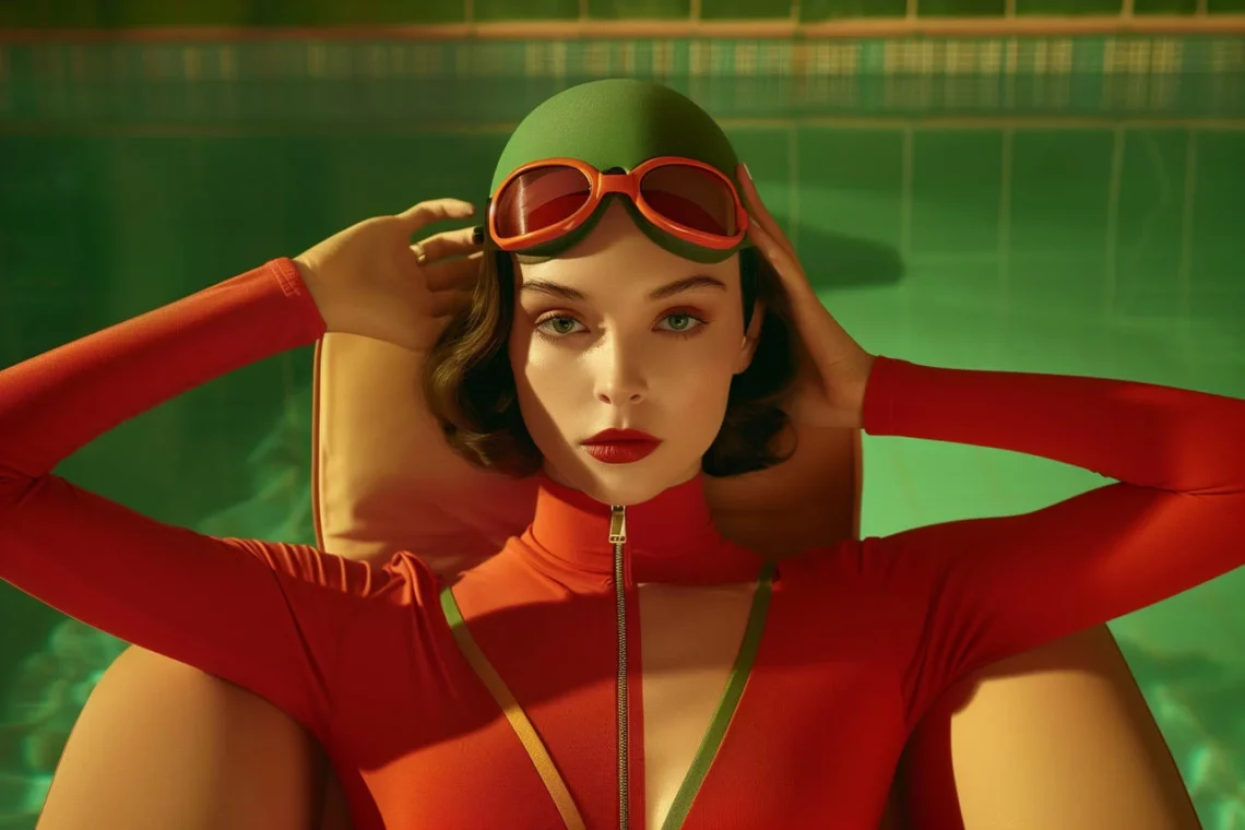 Woman in red swimsuit and green swim cap with goggles at poolside