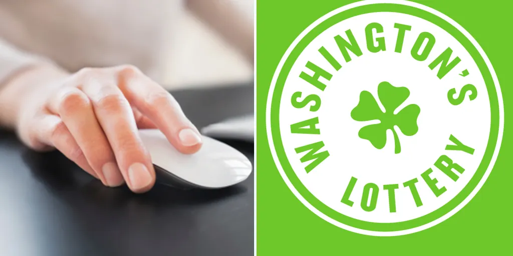 Person using computer mouse with Washington's Lottery logo in view indicating online lottery participation or search.