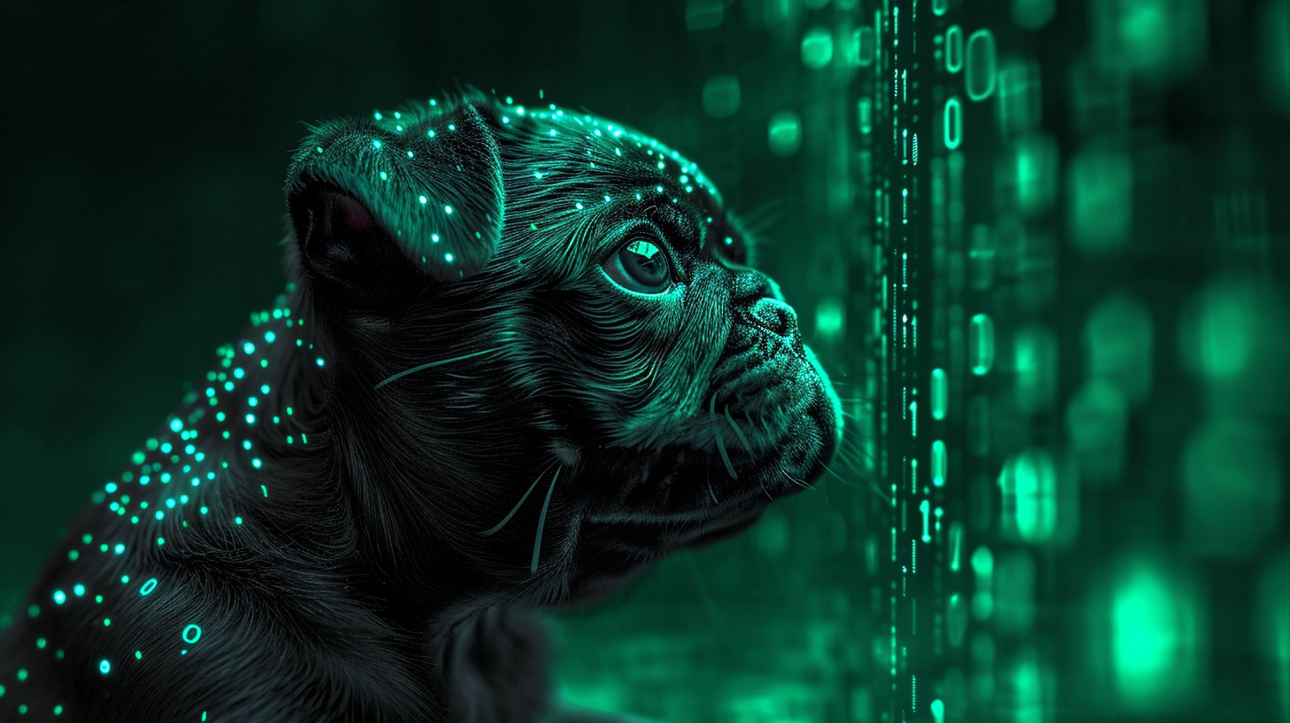 Cybernetic dog with glowing dots on fur against digital binary code background in green neon light.