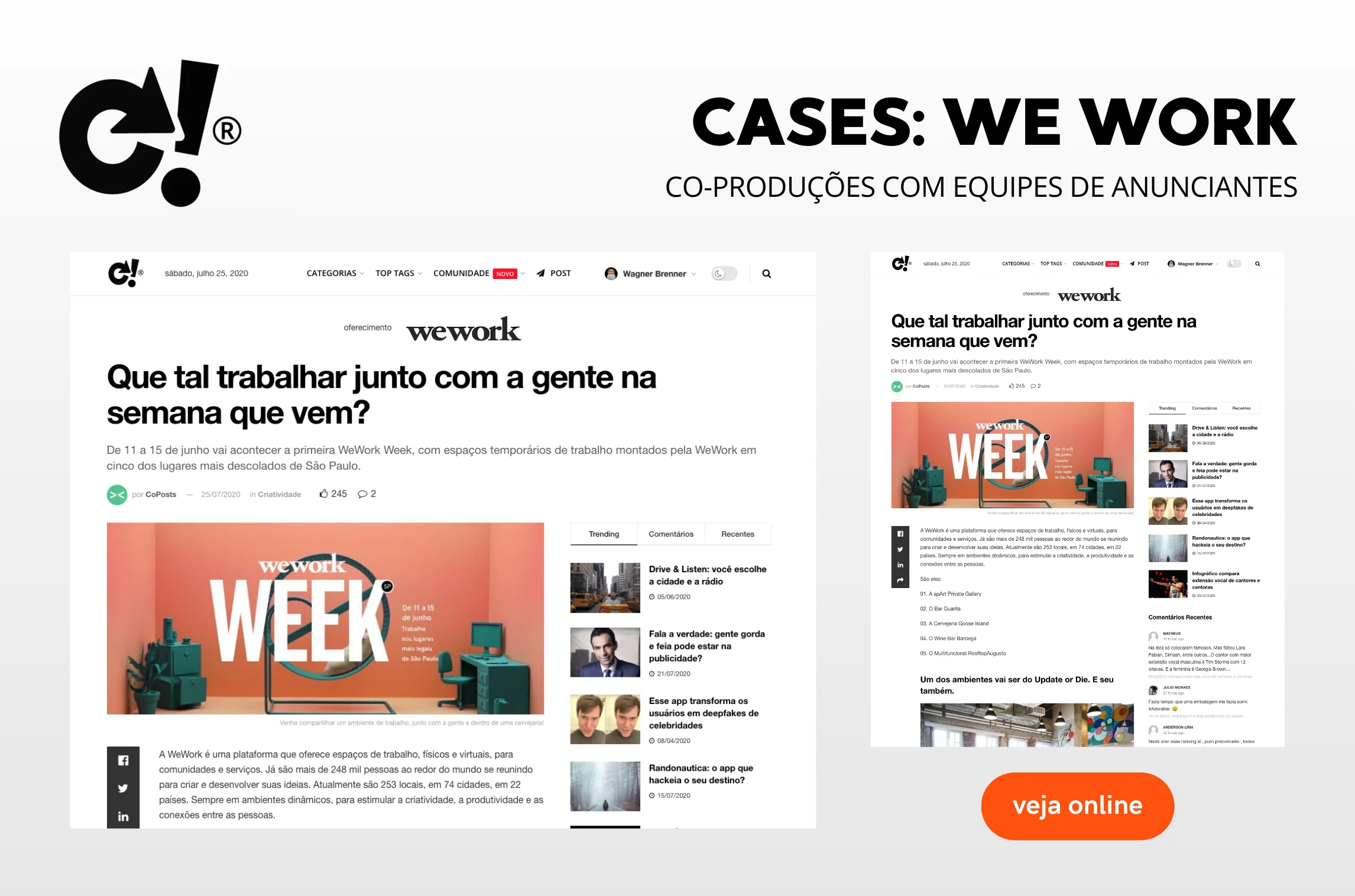 Website case study layout featuring WeWork co-production with advertiser's teams, showcasing desktop and mobile page views.