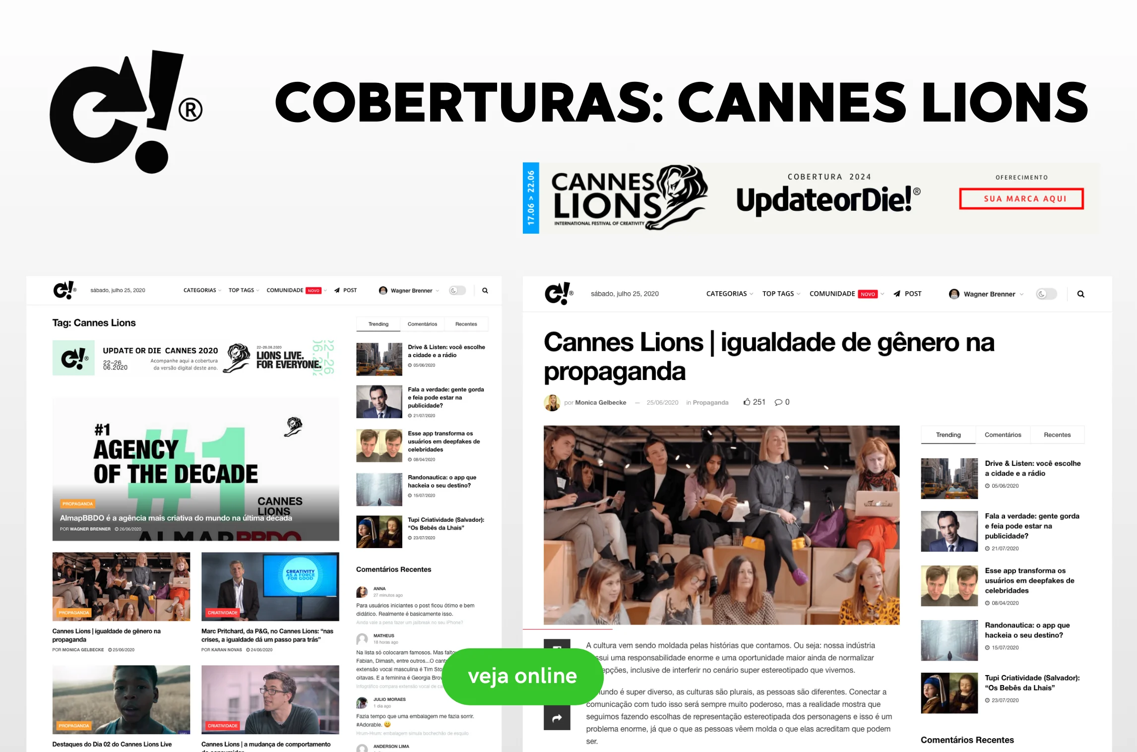 Screenshot of a news website covering Cannes Lions with headlines discussing gender equality in advertising and agency of the decade.