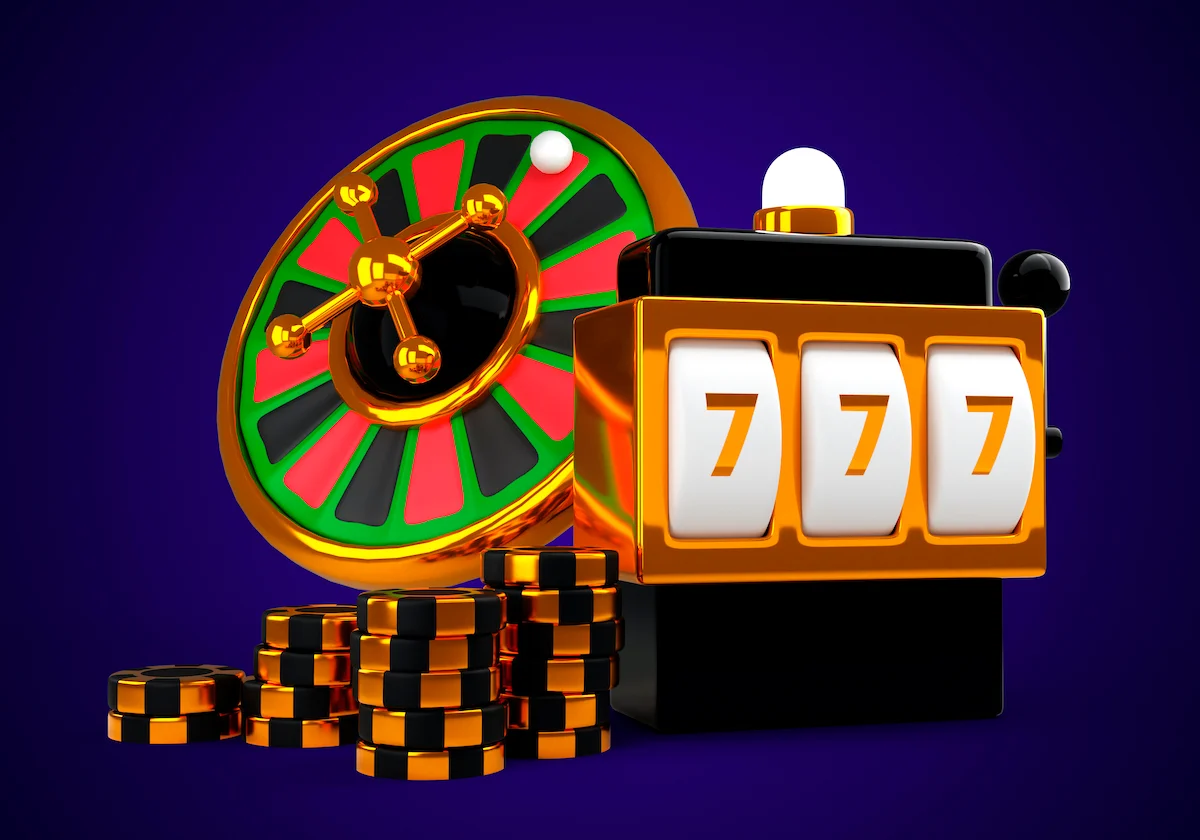 Casino jackpot concept with slot machine showing 777 and roulette wheel with chips on blue background.