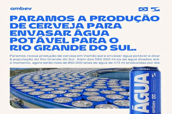 Ambev brewery halts beer production to can potable water for Rio Grande do Sul, showing conveyor belt with water cans.