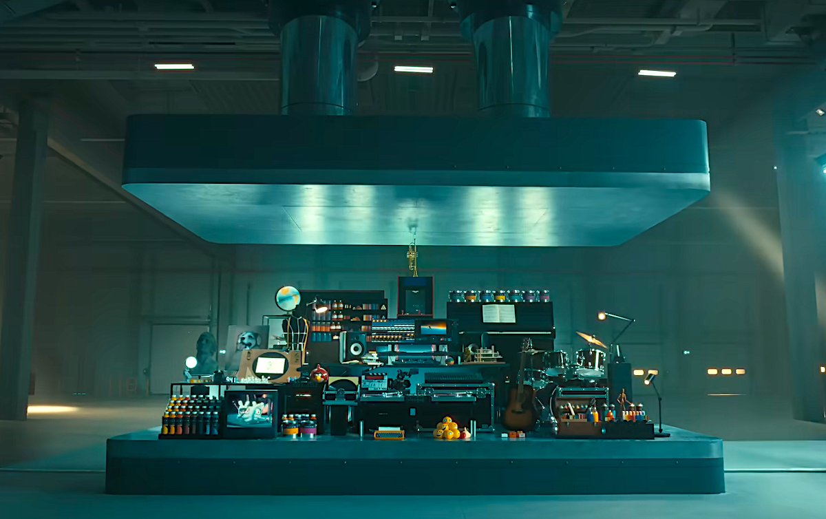 Crush! Apple. Futuristic laboratory setup with high-tech equipment and experimental apparatus in an industrial space