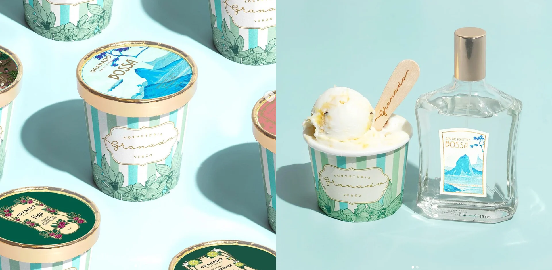 Luxury ice cream and perfume product display with branding, featuring scooped ice cream in a cup next to elegantly packaged ice cream containers and a clear perfume bottle on a light blue background.