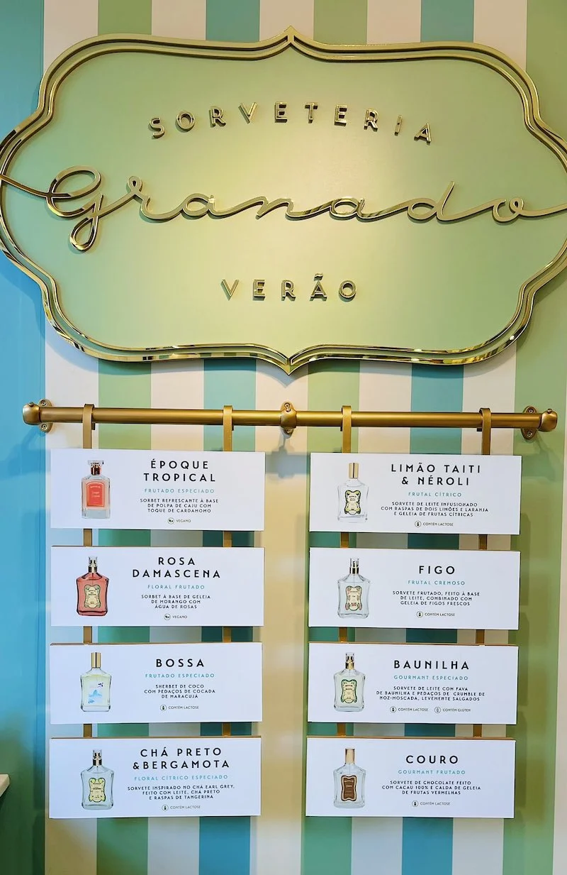 Sorveteria Granado ice cream flavors display with colorful vintage design and gold accents