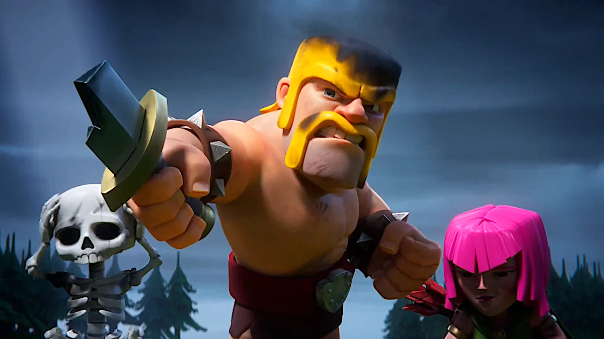 Animated video game characters, a male warrior with a yellow mustache and a female archer, in a combat stance against a dark, moody forest backdrop.
