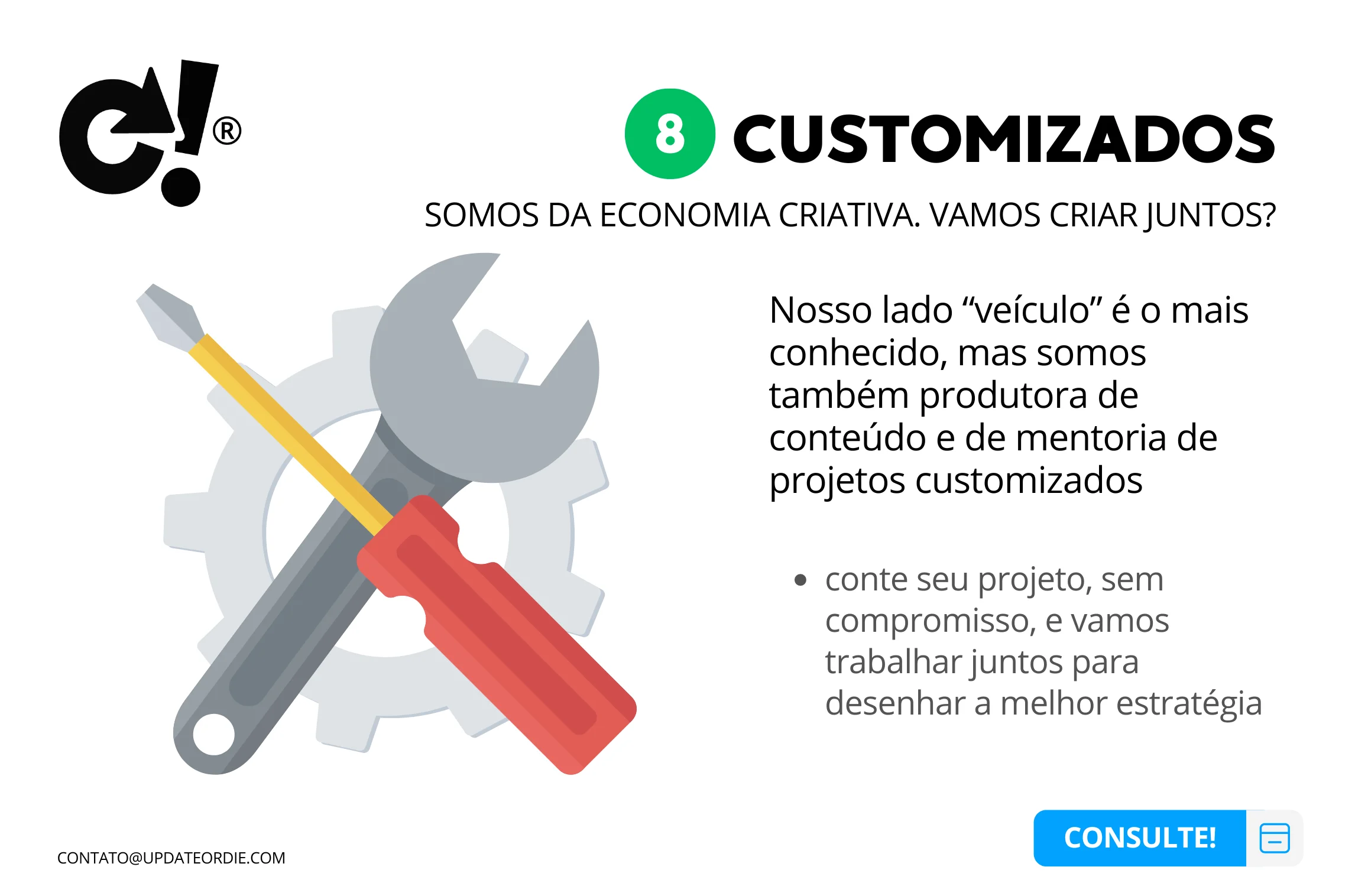 Graphic illustration promoting customized creative economy projects featuring a screwdriver and wrench over gears with text about collaboration and strategy in Portuguese.