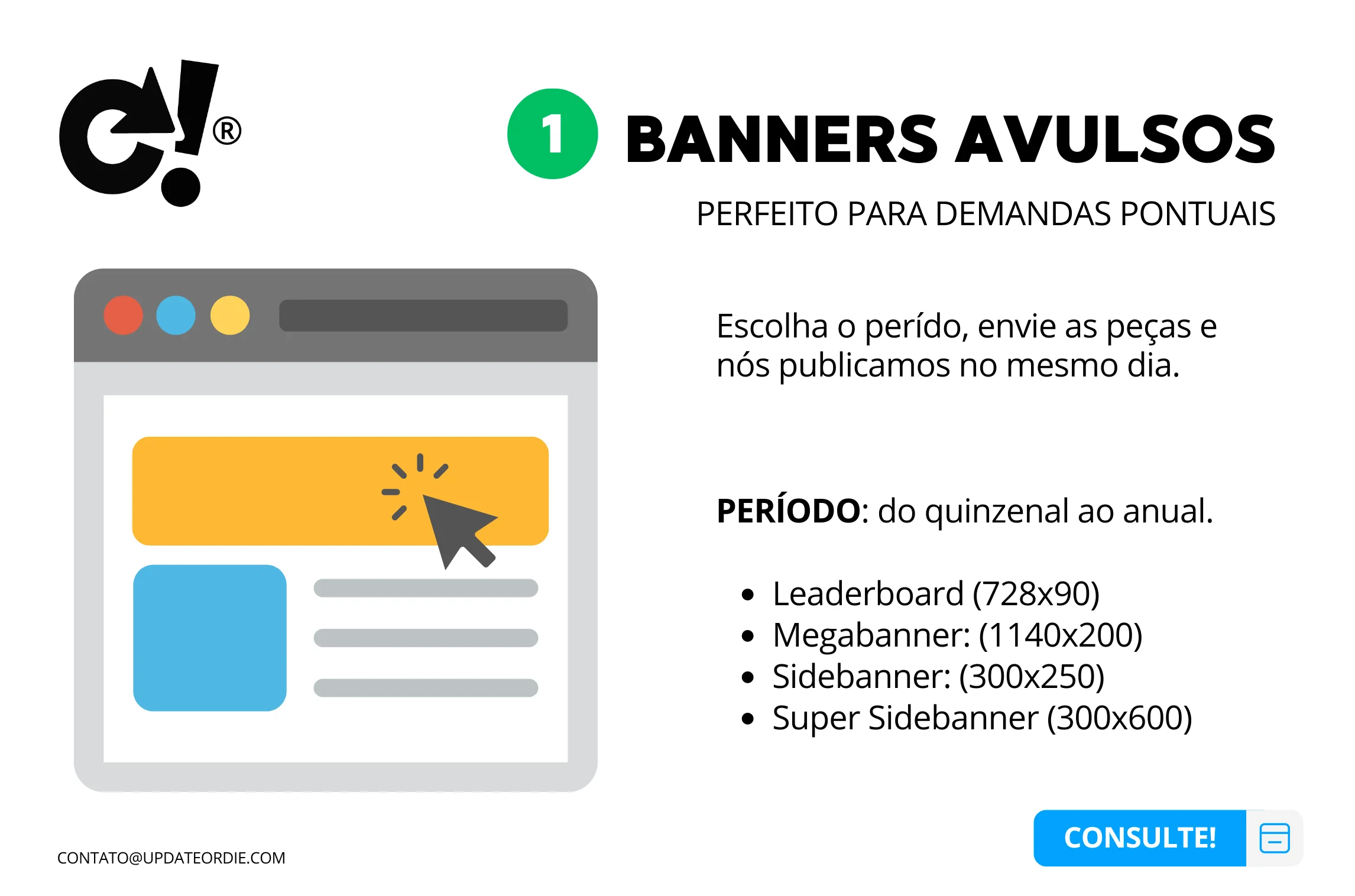 Illustration of various web banner advertisement formats with a focus on 'Banners Avulsos' suitable for short-term marketing needs.