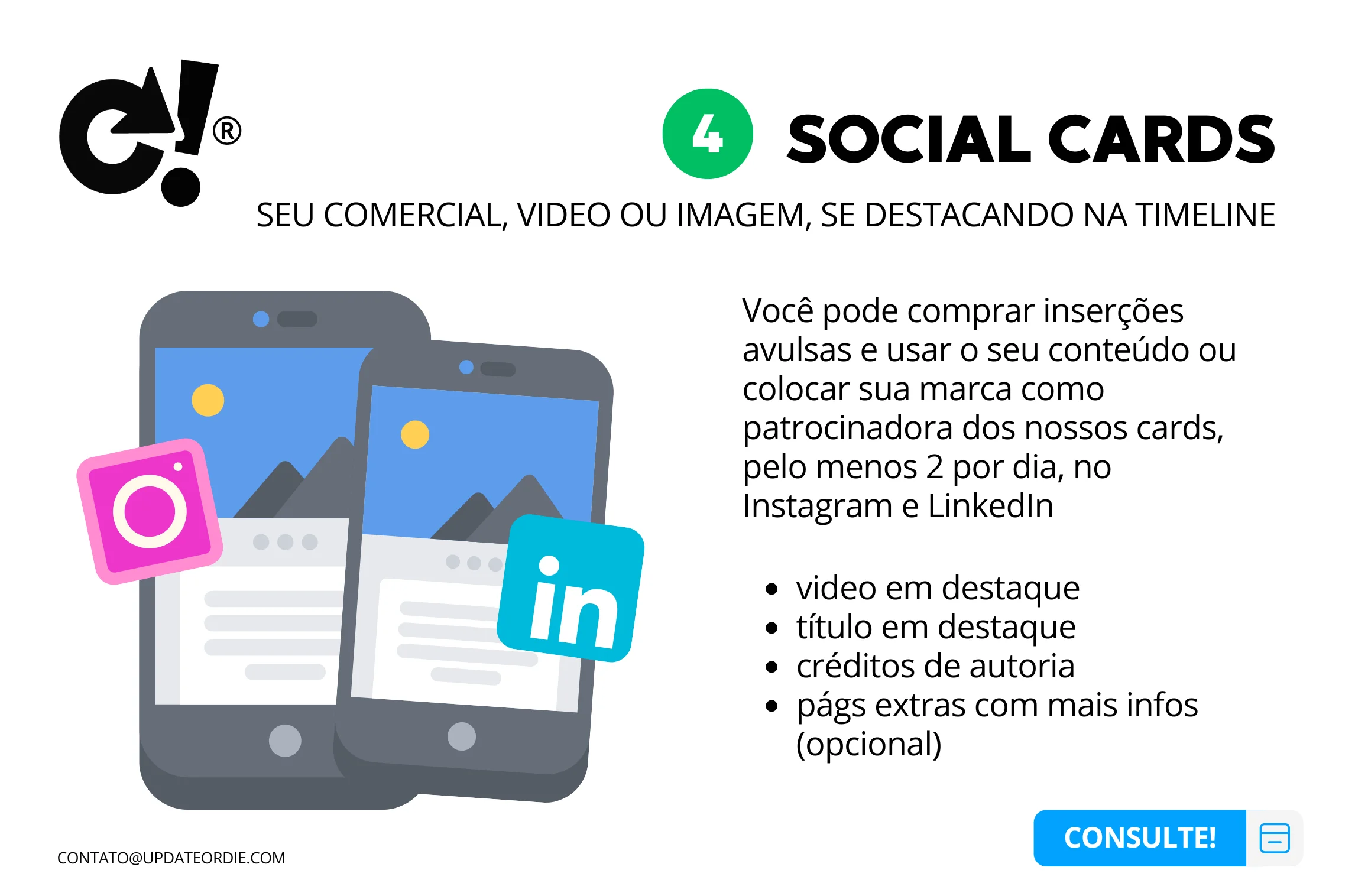 SEO optimized alt text: "Graphic explaining social cards for commercial, video, or image content with Instagram and LinkedIn icons on smartphones, highlighting advertising options available on social media platforms."