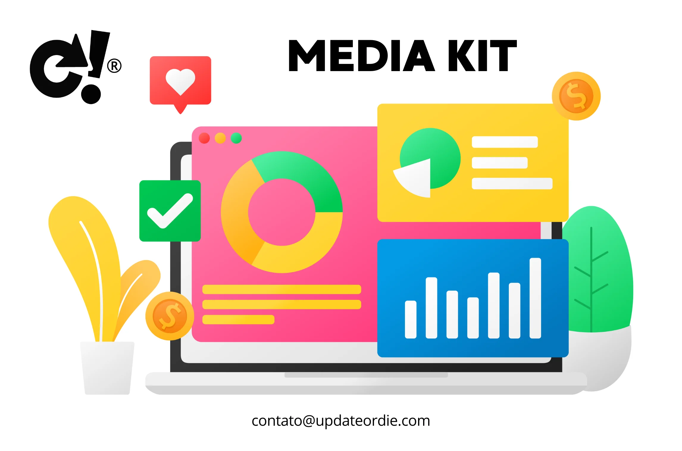 Midia kit. Colorful illustration of a media kit with graphs, charts, and branding elements displayed on desktop screen, contact email below.