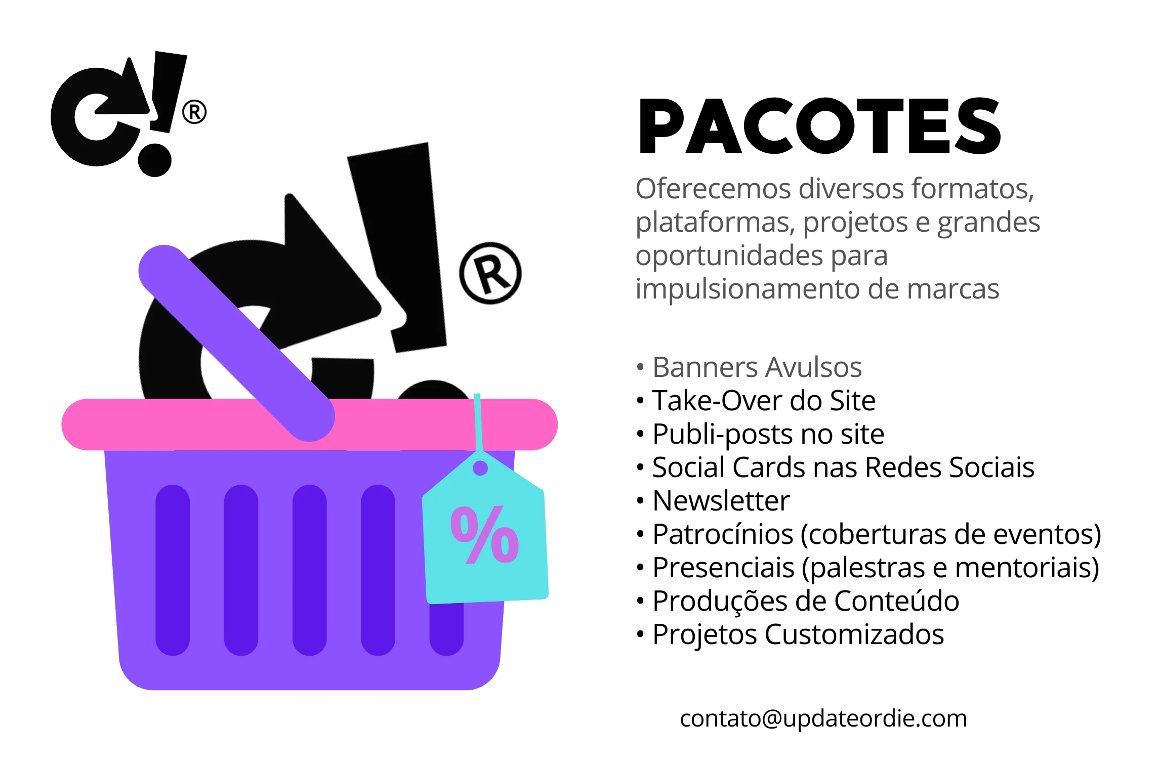 Graphic detailing marketing and brand promotion services with shopping cart icon and discount tag in Portuguese language.