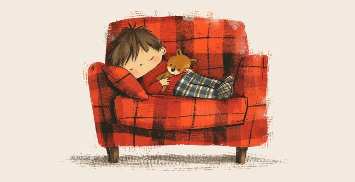 Child napping peacefully with teddy bear on red checkered couch with cozy cushion illustration